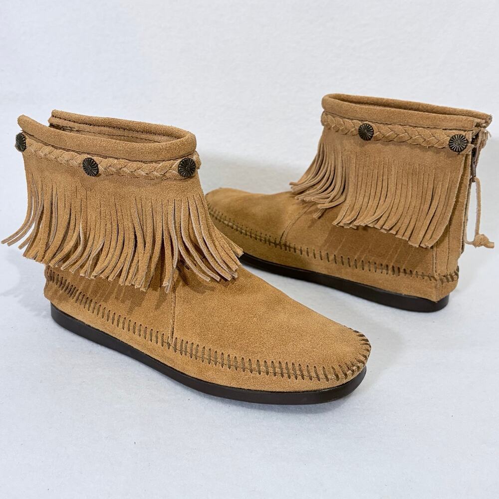 Minnetonka Ankle Boots Womens 8 Fringe Brown Suede Leather BOHO Southwestern